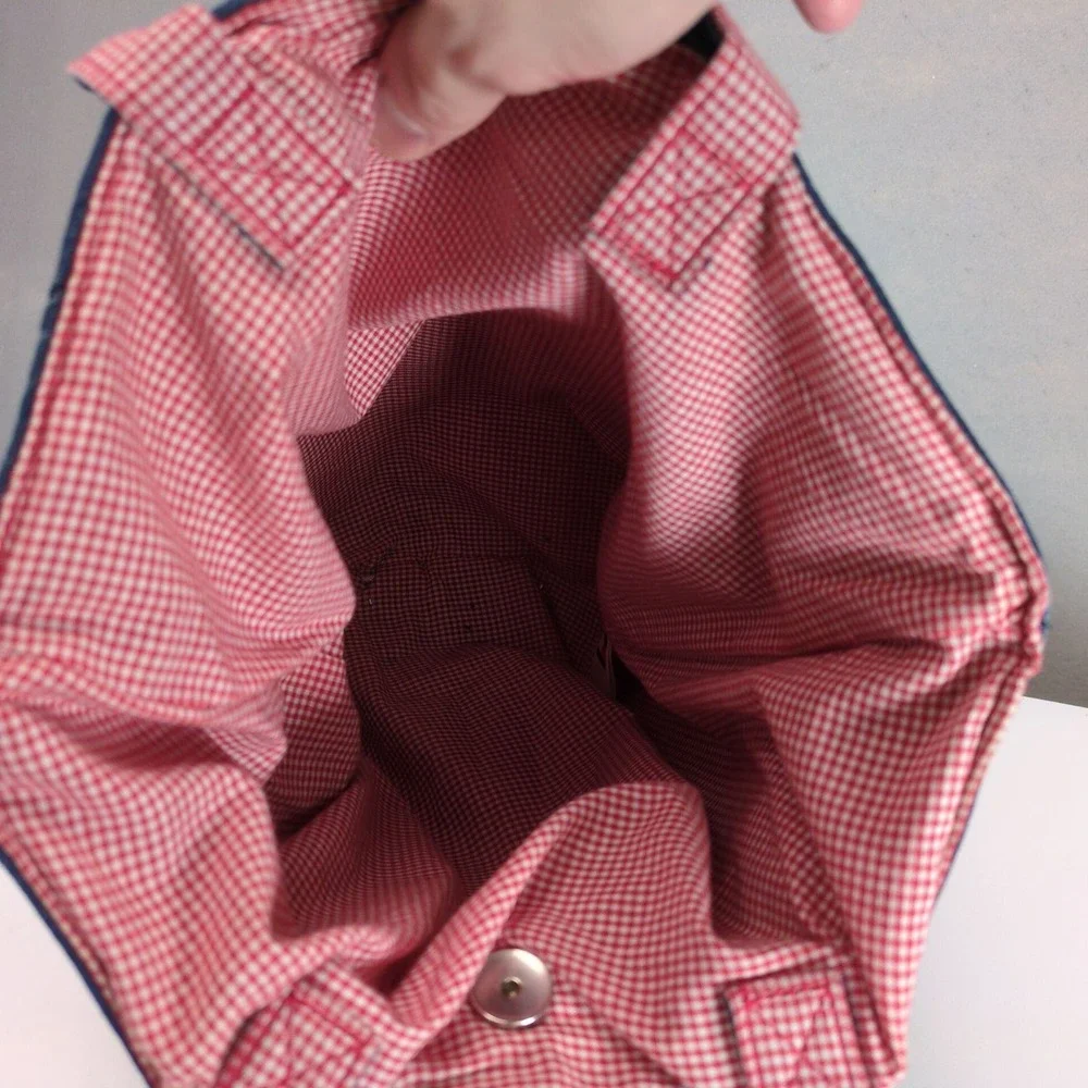 Vintage Y2K Tommy Hilfiger Dark Denim Tote Bag Red Gingham Cotton Lined Purse